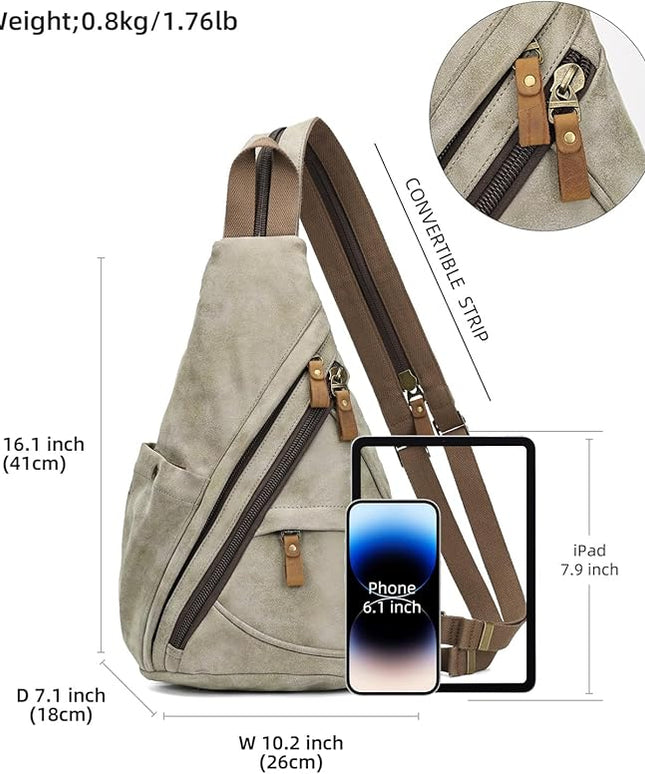 KL928 PU Leather Sling Bag - Small Crossbody Backpack Shoulder Casual Daypack Rucksack for Men Women(Olive Green)