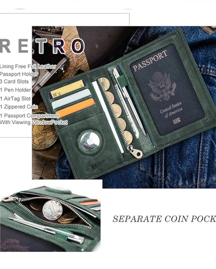 CONTACTS Full Grain Leather Passport Holder RFID Blocking Travel Passport Wallet with Compatible Airtag Passport Cover Case with 4 Cards Slots, Coin Pocket (Green)