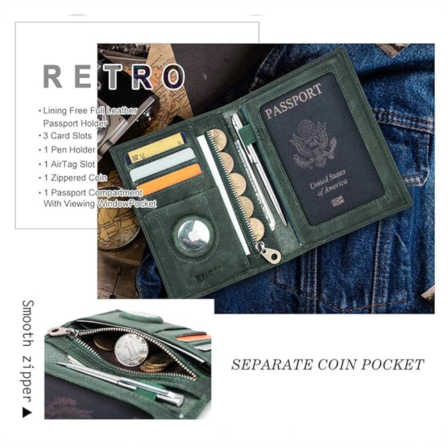 CONTACTS Full Grain Leather Passport Holder RFID Blocking Travel Passport Wallet Compatible Airtag Passport Cover Case with 4 Card Slots, Coin Pocket (Badge, Green)