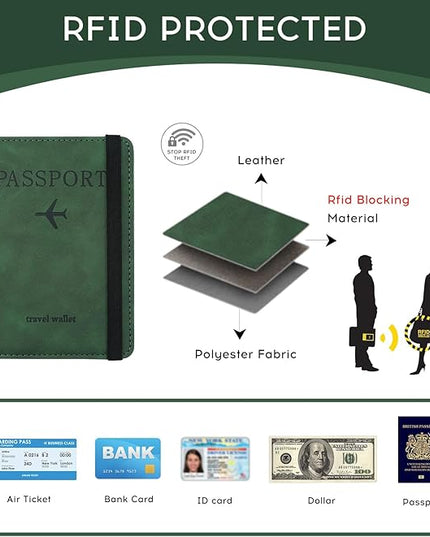 ILIYAH-Passport Cover-Passport Holder Travel Wallet-RFID Blocking Passport Case Travel Accessories Card Holder Wallet Unisex Travel Gifts(Green)