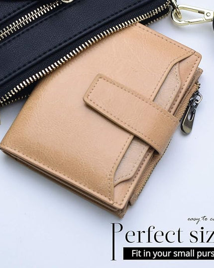 Bveyzi Women's Small Leather RFID Blocking Bifold Zipper Pocket Wallet Ladies Credit Card Slots Purse with id Window