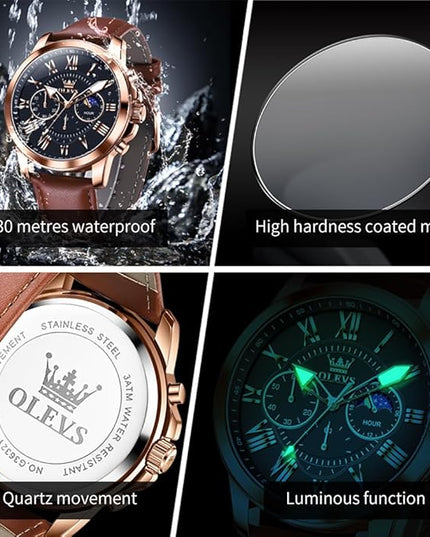 OLEVS Men's Watches Leather Strap Analog Quartz Watch, Fashion Big Dial Date Waterproof Watch, Dress Luxury Luminous Men Watches