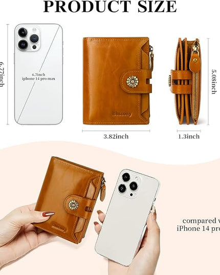 Blucoay Leather Wallet Women,RFID Blocking Womens Wallet Bifold Compact Card Holder Small Wallet for Women with Removable ID Window LightBrown