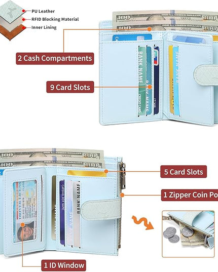 GAEKEAO Womens Wallet Small Leather RFID Blocking Bifold Zipper Pocket Wallet Card Case Purse with ID Window