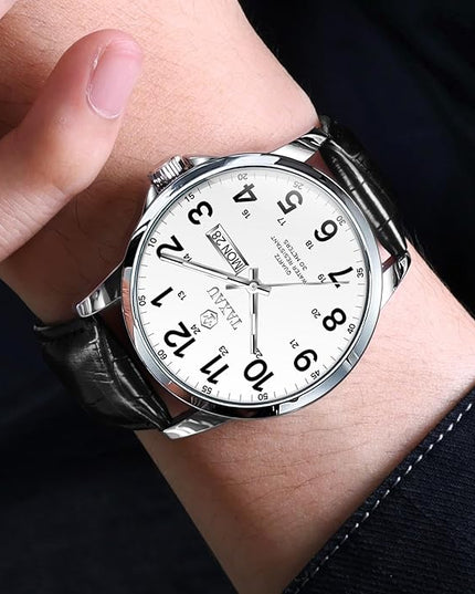 Men's Watches Leather Band Stainless Steel Quartz Analog Watch Luxury Waterproof Watches for Men Dress Men's Wrist Watch with Day Date Arabic Numeral Relojes para Hombre