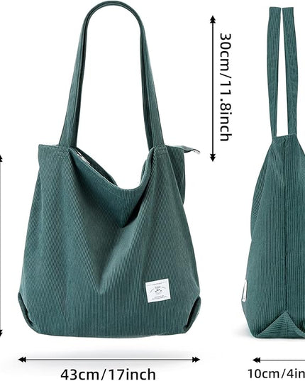 KALIDI Women Corduroy Tote Bag Zipper Casual Tote's Handbag Big Capacity Shoulder Bag with Pockets
