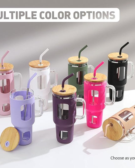 Glass Tumbler with Straw and Lid, 40 oz glass cup with handle, Glass Water Bottles with Time Marker, Silicone Protective Sleeve-Pink