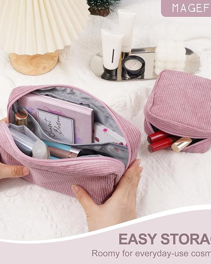 MAGEFY Small Makeup Bag for Purse Mini Cosmetics Bag Corduroy Cute Cosmetic Pouch for Women with Slip-in Pockets