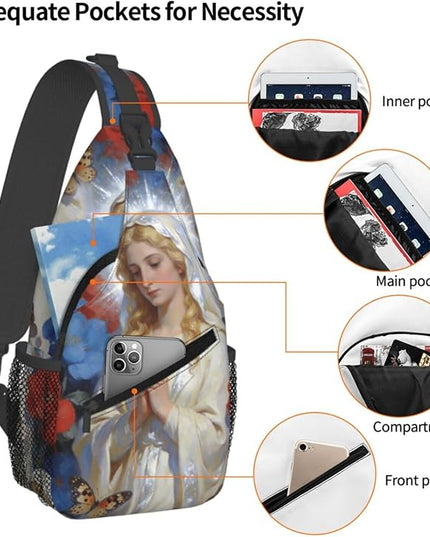 Our Lady of Guadalupe Sling Bag Crossbody Bags Clovers Chest Bag for Travel Hiking for Men Women White Mary 2