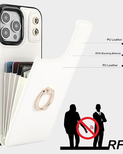 Folosu Compatible with iPhone 16 Pro Max Case Wallet with Card Holder, 360°Rotation Finger Ring Holder Kickstand, RFID Blocking Leather Protective Double Buttons Shockproof Cover 6.9 Inch White