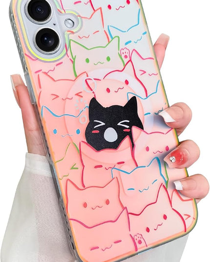 Cute Case for iPhone 16 Plus Case for Women Girls Boys [ Compatible with Magsafe ] Iridescent and Black Cats Cat Pattern Design, Kawaii Colorful Animal Soft Bumper Protective Phone Cover