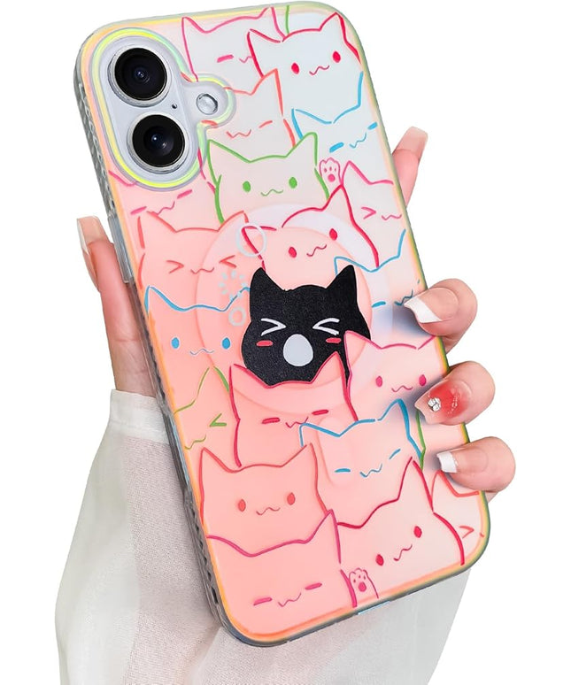 Cute Case for iPhone 16 Plus Case for Women Girls Boys [ Compatible with Magsafe ] Iridescent and Black Cats Cat Pattern Design, Kawaii Colorful Animal Soft Bumper Protective Phone Cover