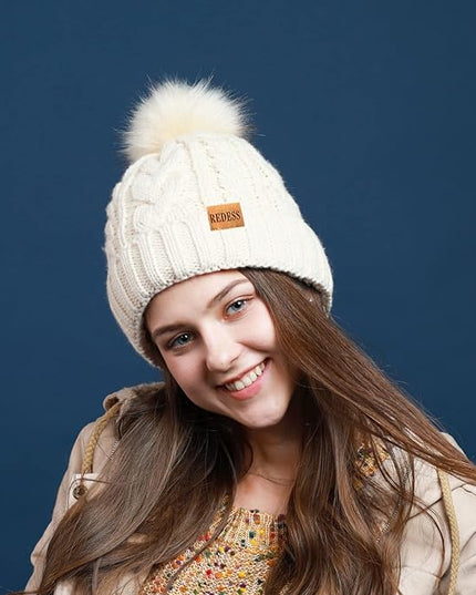REDESS Women Winter Pompom Beanie Hat with Warm Fleece Lined, Thick Slouchy Snow Knit Skull Ski Cap