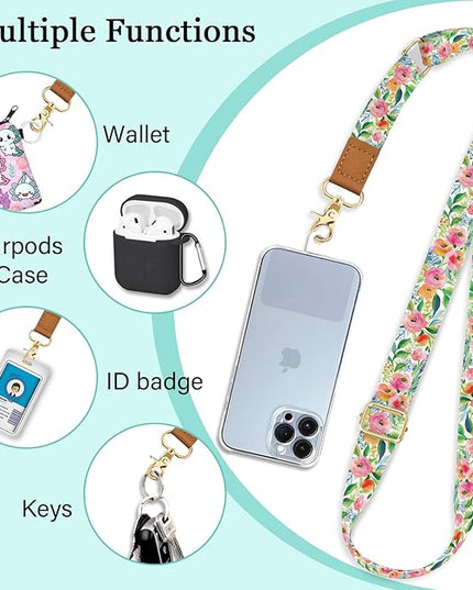Phone Lanyard Crossbody Strap, Floral Flower Cell Phone Lanyard for Women, Wrist Strap Wristlet Adjustable Accessories Around The Neck for Keychain Travel Beach Essentials Gift