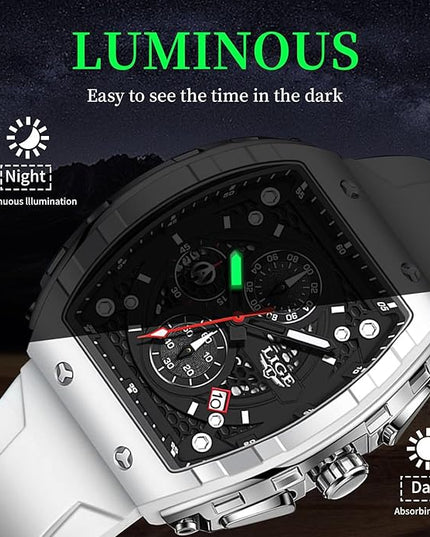 Mens Watches,Unique Rectangular Quartz Analog Watch,Outdoor Sports Multi-Function Watch,Chronograph/Waterproof/Luminous/Calendar,Durable Silicone Strap Mens Casual Watches