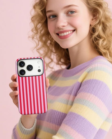 Magnetic for iPhone 17 Pro Case Cute Stripes Phone Case, Shockproof Slim TPU and Hard PC Protective Phone Cover Compatible with MagSafe Designed for Women Girls, Pink and White