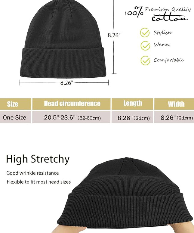 100% Cotton Beanie Hat- Unisex Ultra Soft Winter Warm Stretch Knit Cuffed Hats Fisherman Beanies Skull Cap