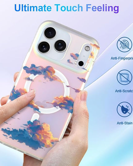 Cute Case for iPhone 17 Pro Max Case for Women Girls [ Compatible with Magsafe ] Aesthetic Cloud Pattern Design, Girly Glitter Sparkly Bling Protective Phone Cover, Iridescent Sun Set Sky