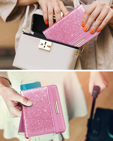 Passport Holder Cover Travel RFID Blocking Passport Cover Rose Gold Cute Flowers Passport Wallet with Elastic Band for Women