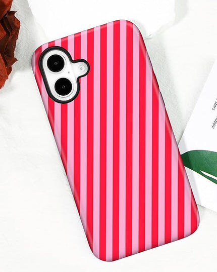 Magnetic for iPhone 16 Case Cute Diagonal Stripes Phone Case, Shockproof Slim TPU and Hard PC Protective Phone Cover Compatible with MagSafe Designed for Women Girls,Red