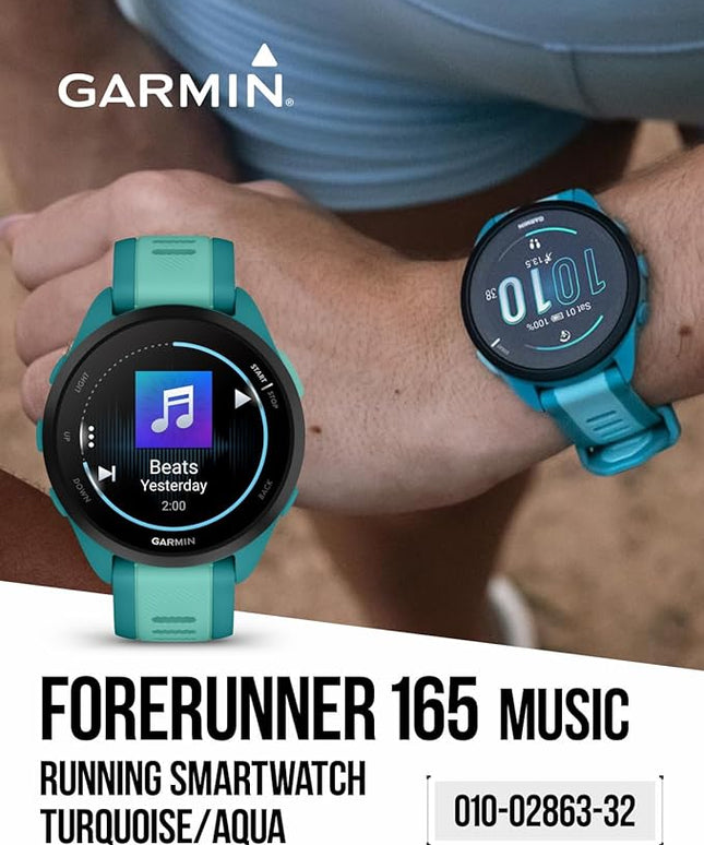 Wearable4U - Garmin Forerunner 165 Music Running Smartwatch, Colorful AMOLED Touchscreen, Training Metrics and Recovery Insights Includes PowerPack and Adapters Bundle, Turquoise/Aqua