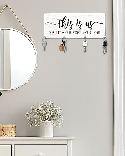 Yhtmbf This is Us Wooden Key Holder for Wall - 5"x10" Key Organizer Hanger with 4 Hooks for Home Front Door Hallway Entryway Kitchen - Home Office Decor & Housewarming Gifts Supplies - A05