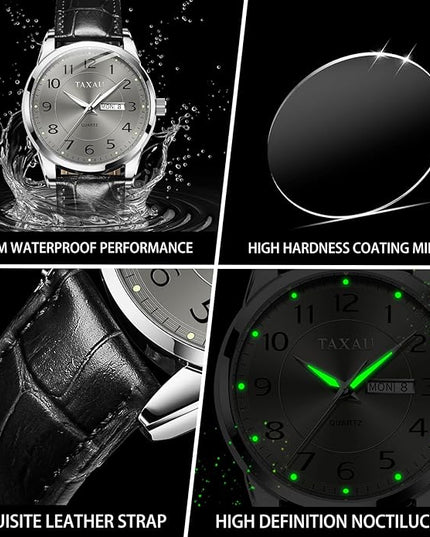 Men Dress Watch Waterproof Leather Watches for Men with Day Date Luxury Large Arabic Numerals Analog Quartz Classic Leather Watch Easy Read relojes para Hombres