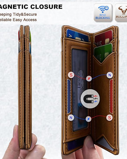 BULLIANT Men Wallet,Top Grain Leather Slim Wallet Magnetic Closure Simplifed Bill Folder RFID Blocking 11Cards