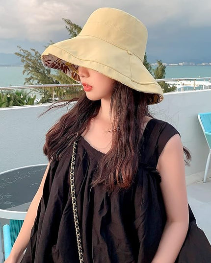 HUAMULAN Women Summer Sun Hat Wide Brim Wired Edge Floral Beach Bucket Hats Reversible Foldable Travel UV Protection Lady Hat