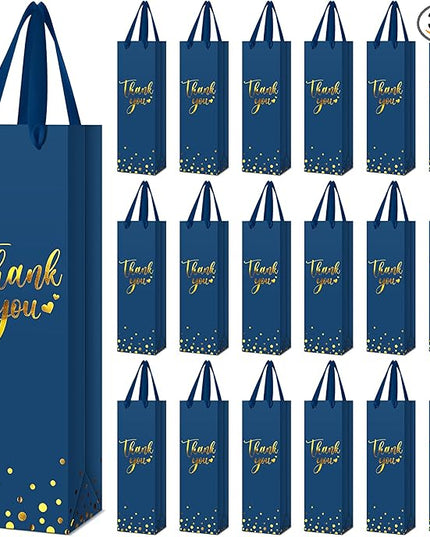 Ctosree 30 Pcs Wine Bottle Gift Bag with Handle 4.3x3.5x13.7 Liquor Paper Bag for Thank You Favor Gold Foil Kraft Whiskey Tote Carrier for Wedding Birthday Bridal Valentine's day Party(Business Blue)