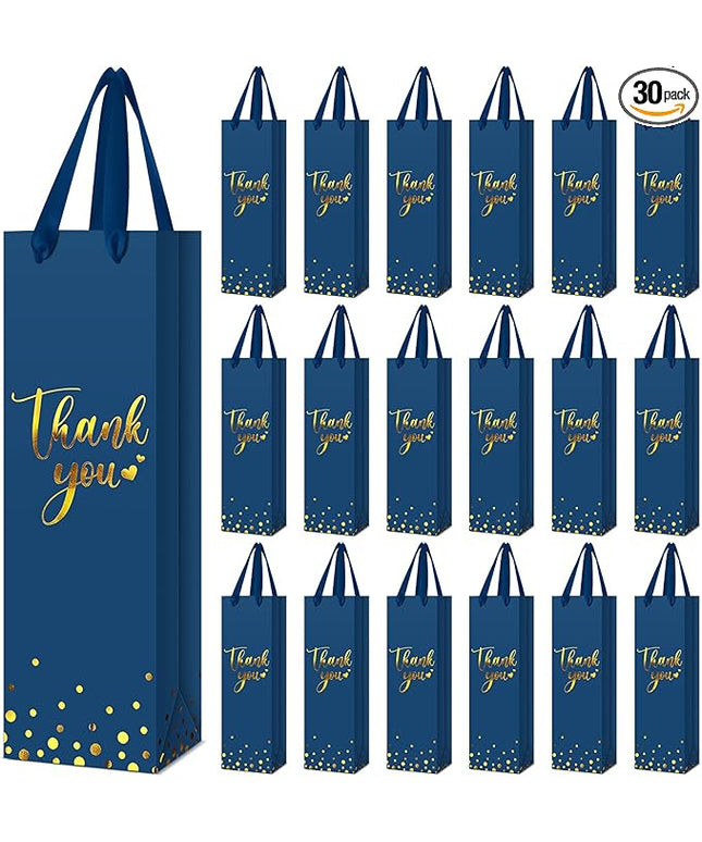 Ctosree 30 Pcs Wine Bottle Gift Bag with Handle 4.3x3.5x13.7 Liquor Paper Bag for Thank You Favor Gold Foil Kraft Whiskey Tote Carrier for Wedding Birthday Bridal Valentine's day Party(Business Blue)