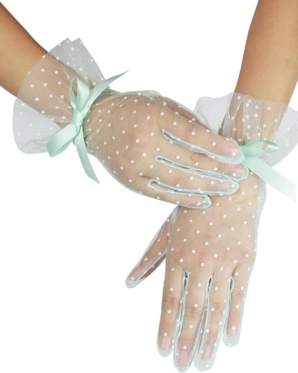 Women's Short Lace Gloves with Bow Ruffles Lace Tea Party Gloves for Wedding Costume Evening Dinner Party