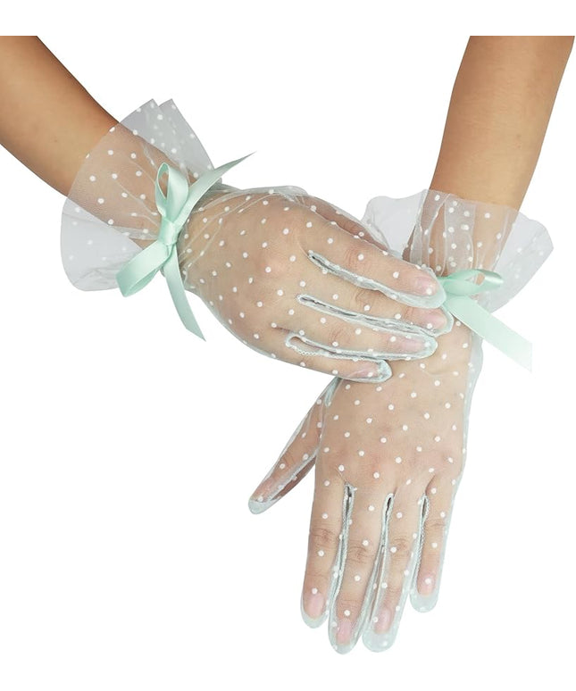 Women's Short Lace Gloves with Bow Ruffles Lace Tea Party Gloves for Wedding Costume Evening Dinner Party