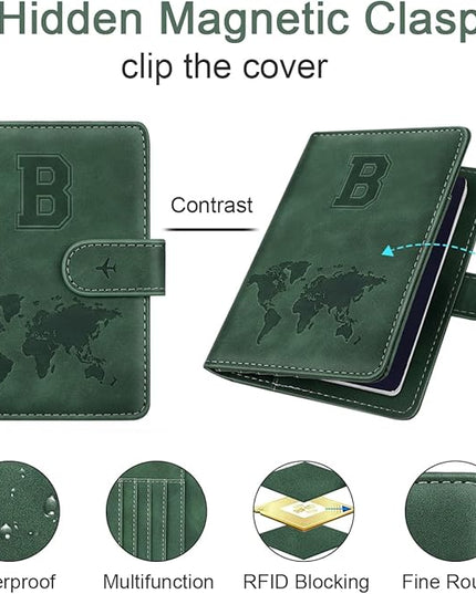 Personalized B Passport Holder Cover Initial Letter Travel Wallet RFID Blocking Passport Cover Credit Card Holder Case Passport Book Holders for Women and Men, Pine Green-B