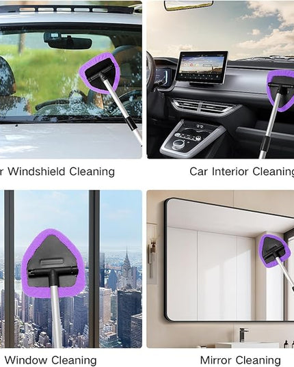 11pcs Windshield Cleaner Tool, Car Window Cleaning Wash Kit with 6 Reusable Microfiber Pads 2 Spray Bottles and Extendable Handles Auto Glass Wiper Kit, Purple