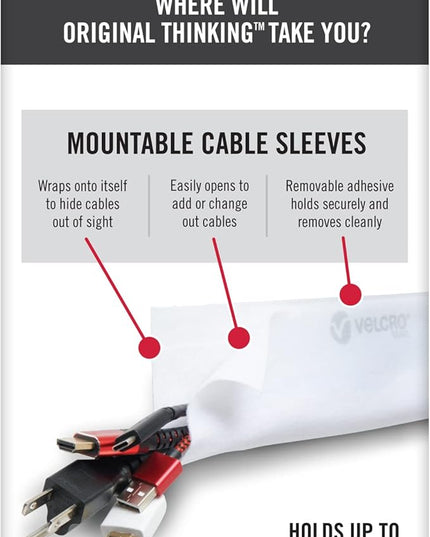 VELCRO Brand Cable Sleeves. Organize Messy Wires on Desk, Behind TV or Game Console. 16-Inch (2x8in) White. Removable Adhesive Mounts to Smooth Surfaces