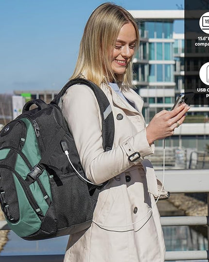 Swissdigital Design Laptop Backpack with USB Charging Port, Travel Backpack Fits 15.6 inches Computer, 31L College School Backpack for Men, Lake Green/Black | SD803-27