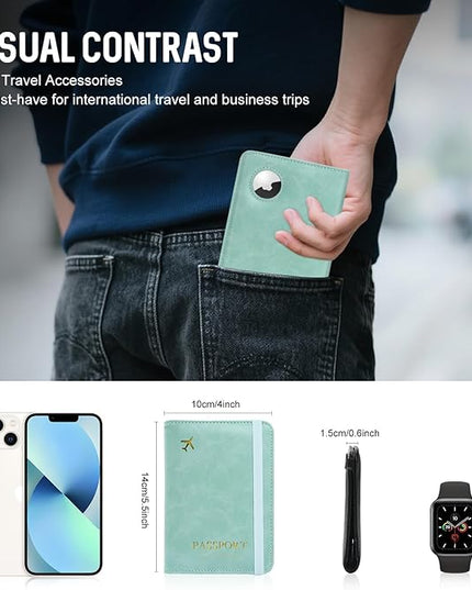 Passport Holder with AirTag – RFID Blocking Travel Document Wallet, Leather Passport Cover with AirTag Slot, Keeps Passport Safe & Trackable (Blue)