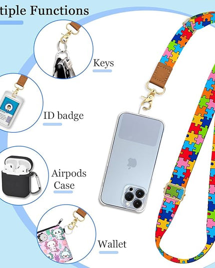 Phone Lanyard Wrist Strap Crossbody, Autism Puzzle Cell Phone Lanyard for around the Neck Wristlet Adjustable Strap Compatible with Most Smartphones for Keys Case ID Badges