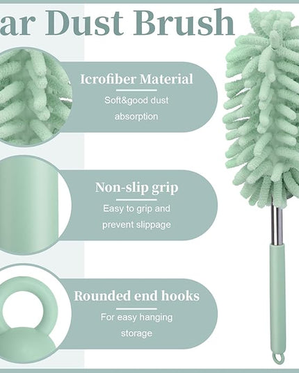 2 PCS Car Interior Duster with Extension Pole, Microfiber Car Dusters with Bendable Head, Cars Dusters Exterior&Interior Scratch Free, for Cleaning of Vehicle Details, Offices, Window (Light Green)
