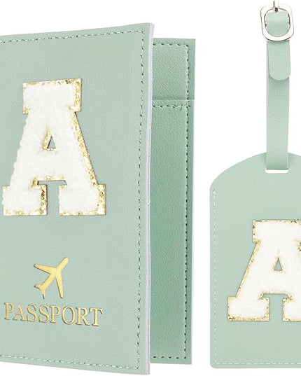 PATIKIL Passport Holder for Travel, Initial Passport Cover and Luggage Tag Set with Alphabet Chenille Letter Patch Travel Wallet Bag Suitcase Identifier for Women Family Travel Green A