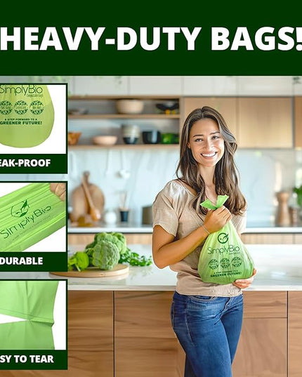 Simply Bio 1.6 Gallon Compostable Trash Bags Liners Handle, Heavy Duty Extra Thick 0.6 Mil, 6.06 Liter, 50 Bags, Small Kitchen Food Scrap Waste Bag, ASTM D6400, US BPI and OK Compost Home Certified