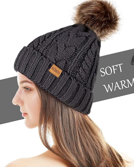 REDESS Women Winter Pompom Beanie Hat with Warm Fleece Lined, Thick Slouchy Snow Knit Skull Ski Cap
