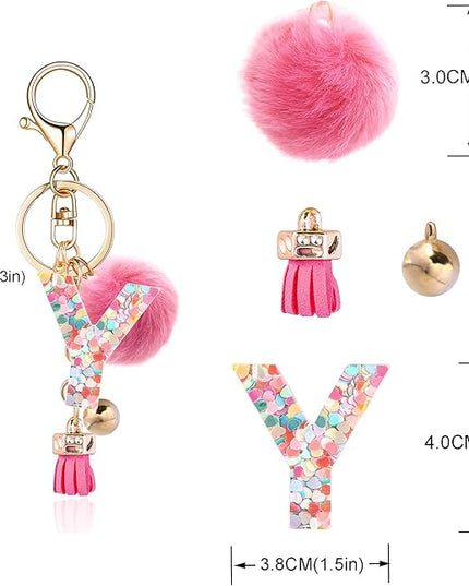 Resin Alphabet Initial Letter Keychain Keyring for Women Purse Handbags With Fur Ball Pom