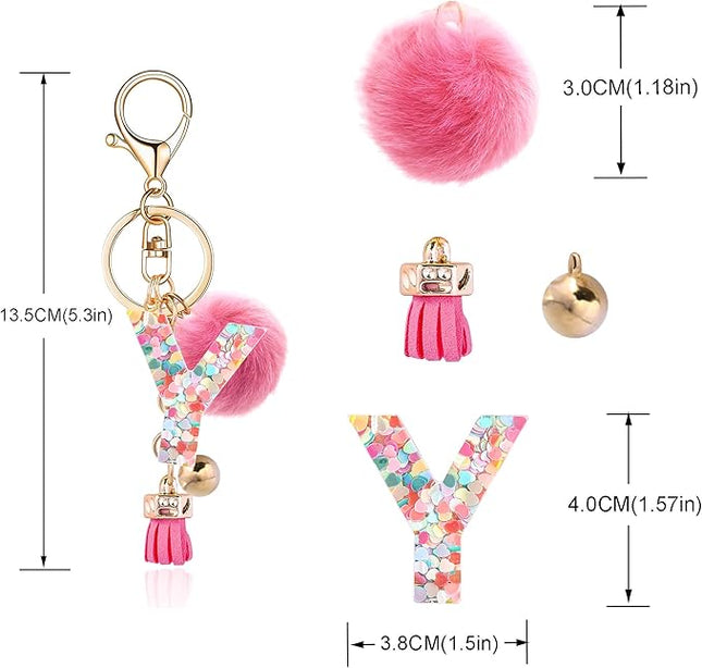 Resin Alphabet Initial Letter Keychain Keyring for Women Purse Handbags With Fur Ball Pom