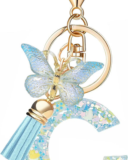 Fashion Alphabet Initial Letter Keychain Tassel Butterfly Pendant Key Ring for Purse Handbags Women Girl