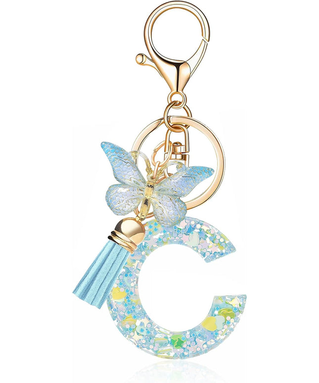 Fashion Alphabet Initial Letter Keychain Tassel Butterfly Pendant Key Ring for Purse Handbags Women Girl