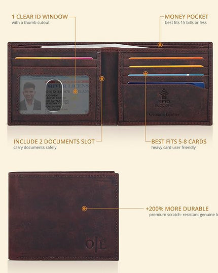 Oak Leathers Slim Leather Wallet for Men - RFID Wallets Credit Card Holder Ultra Thin Gift for Mens, Front Pocket Minimalist Design