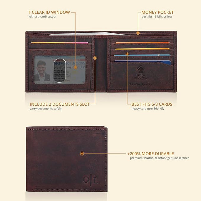 Oak Leathers Slim Leather Wallet for Men - RFID Wallets Credit Card Holder Ultra Thin Gift for Mens, Front Pocket Minimalist Design