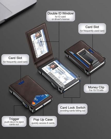 Wallet for Men RFID Wallet with 2 ID Windows & Money Clip, Slim Pop Up Card Holder for 10-12 Cards, Bifold Minimalist Smart Wallet for Front Pocket, Compact Metal Credit Card Holder, Gifts for Men